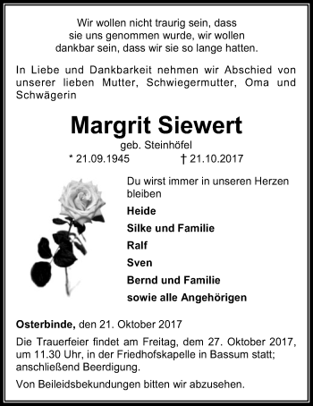 Traueranzeige von Margrit Siewert von SYK