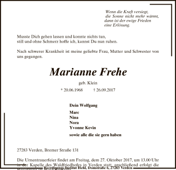 Traueranzeige von Marianne Frehe von SYK