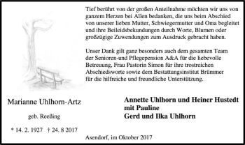 Traueranzeige von Marianne Uhlhorn-Artz von SYK