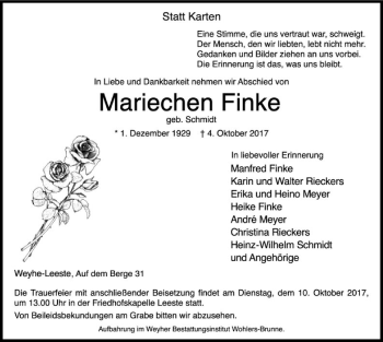 Traueranzeige von Mariechen Finke von SYK