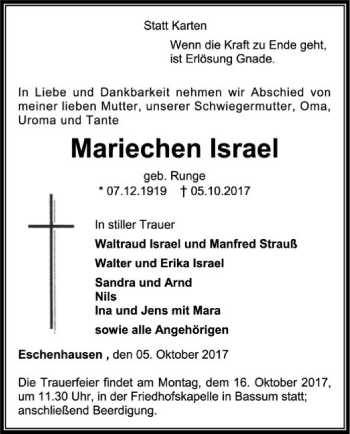 Traueranzeige von Mariechen Israel von SYK