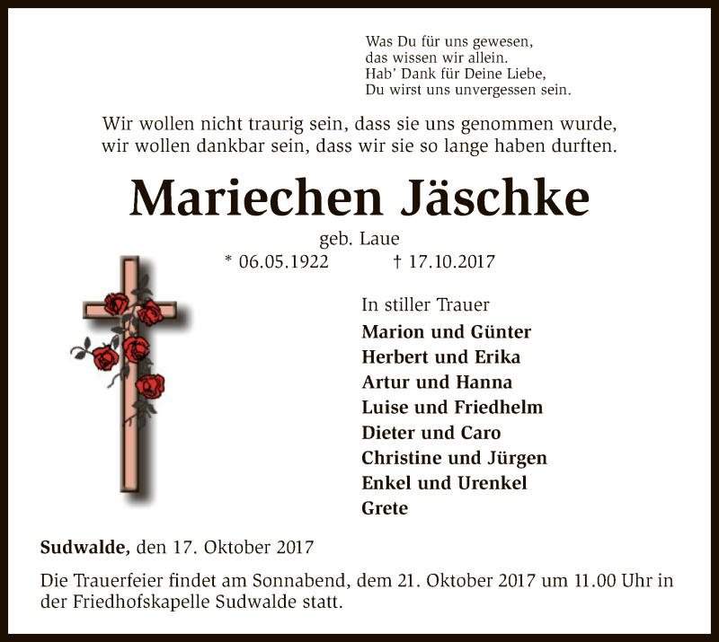  Traueranzeige für Mariechen Jäschke vom 19.10.2017 aus SYK