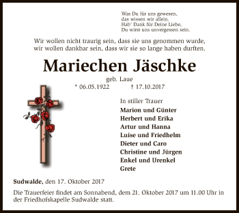 Traueranzeige von Mariechen Jäschke von SYK