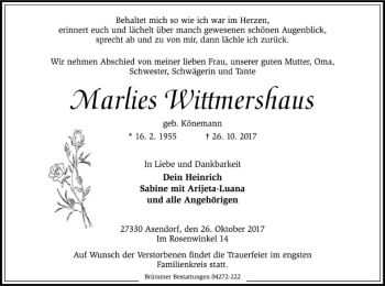Traueranzeige von Marlies Wittmershaus von SYK