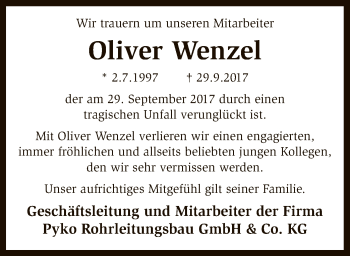 Traueranzeige von Oliver Wenzel von SYK