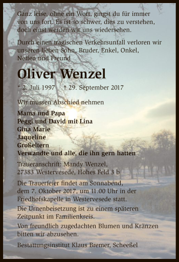 Traueranzeige von Oliver Wenzel von SYK