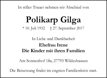 Traueranzeige von Polikarp Gilga von SYK