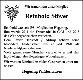 Traueranzeige von Reinhold Stöver von SYK