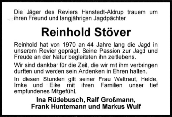 Traueranzeige von Reinhold Stöver von SYK