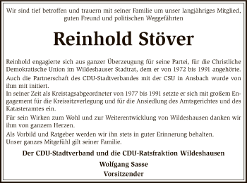 Traueranzeige von Reinhold Stöver von SYK