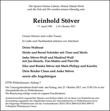 Traueranzeige von Reinhold Stöver von SYK