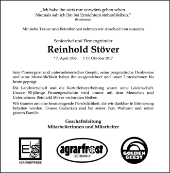 Traueranzeige von Reinhold Stöver von SYK