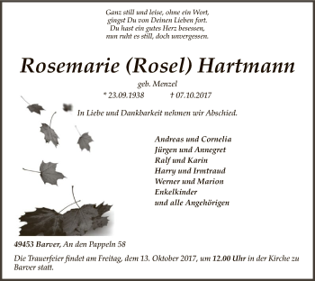 Traueranzeige von Rosemarie  Hartmann von SYK