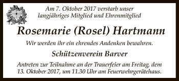 Traueranzeige von Rosemarie  Hartmann von SYK