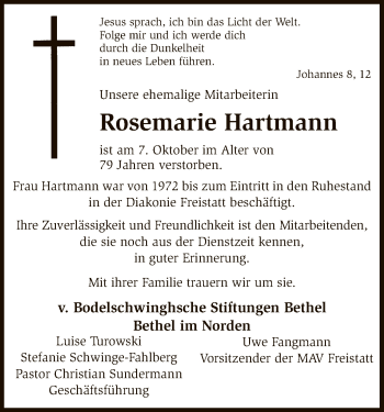 Traueranzeige von Rosemarie  Hartmann von SYK