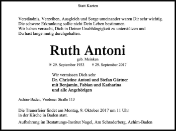 Traueranzeige von Ruth Antoni von SYK