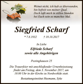 Traueranzeige von Siegfried Scharf von SYK