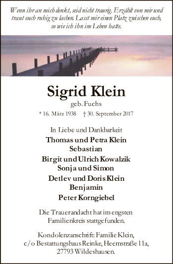 Traueranzeige von Sigrid Klein von SYK