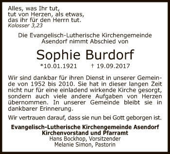 Traueranzeige von Sophie Burdorf von SYK