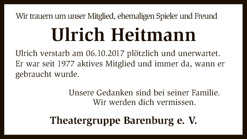  Traueranzeige für Ulrich Heitmann vom 10.10.2017 aus SYK