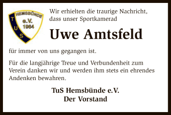 Traueranzeige von Uwe Amtsfeld von SYK