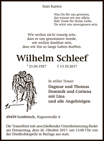 Traueranzeige von Wilhelm Schleef von SYK