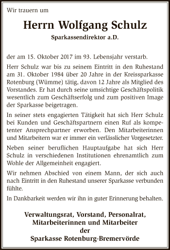 Traueranzeige von Wolfgang Schulz von SYK