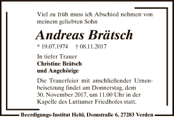 Traueranzeige von Andreas Brätsch von SYK