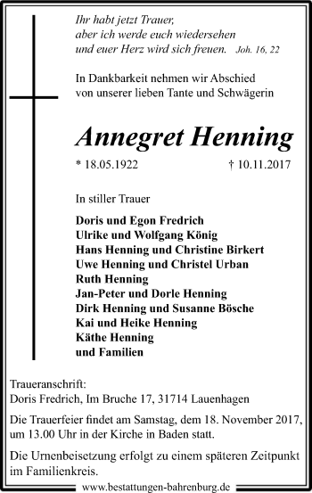 Traueranzeige von Annegret Henning von SYK