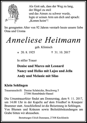 Traueranzeige von Anneliese Heitmann von SYK