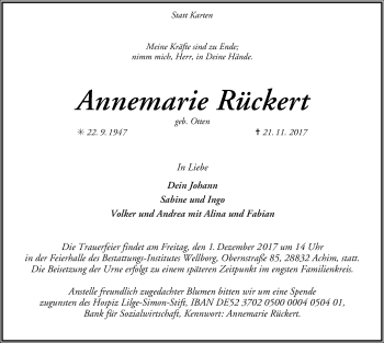 Traueranzeige von Annemarie Rückert von SYK