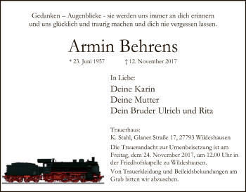 Traueranzeige von Armin Behrens von SYK