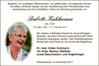 Traueranzeige von Babette Kuhlmann von SYK