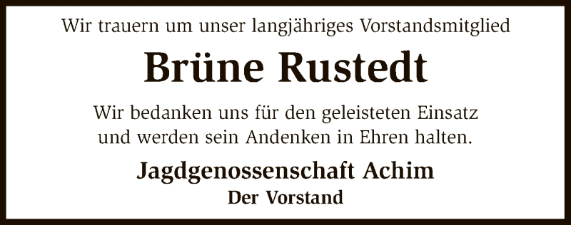  Traueranzeige für Brüne Rustedt vom 02.11.2017 aus SYK