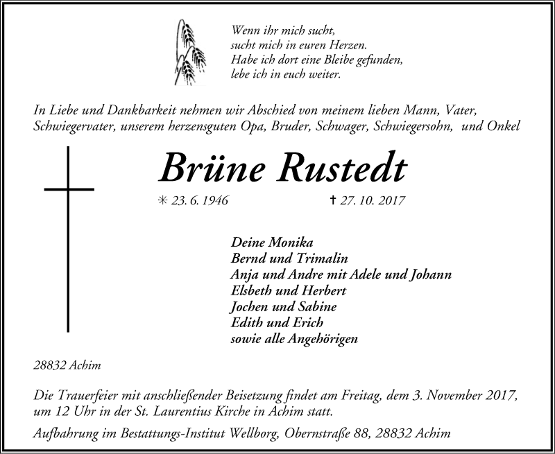  Traueranzeige für Brüne Rustedt vom 01.11.2017 aus SYK