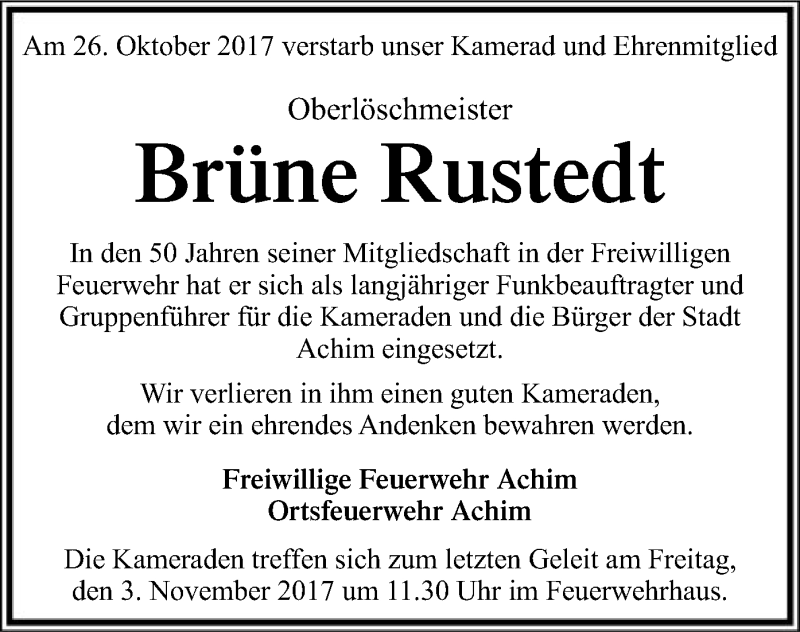  Traueranzeige für Brüne Rustedt vom 02.11.2017 aus SYK