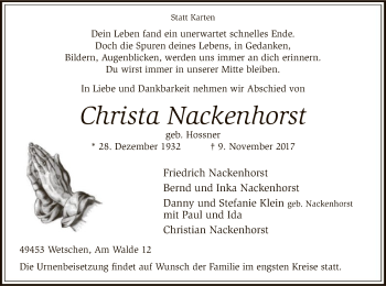 Traueranzeige von Christa Nackenhorst von SYK