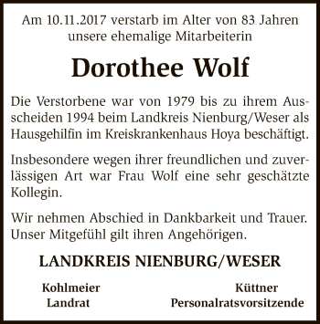 Traueranzeige von Dorothee Wolf von SYK