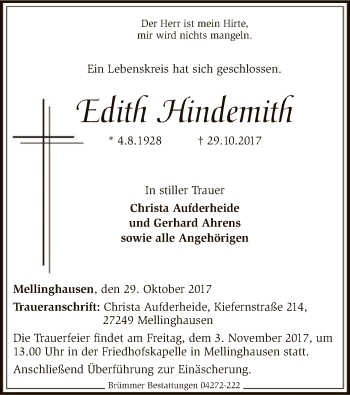 Traueranzeige von Edith Hindemith von SYK