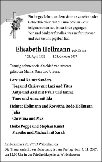 Traueranzeige von Elisabeth Hollmann von SYK