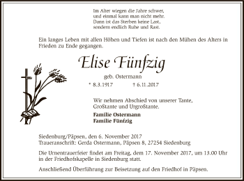 Traueranzeige von Elise Fünfzig von SYK