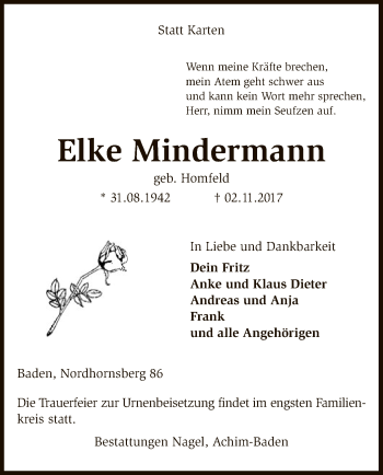 Traueranzeige von Elke Mindermann von SYK