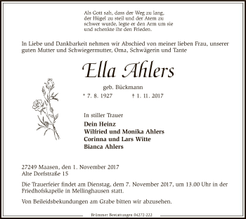 Traueranzeige von Ella Ahlers von SYK