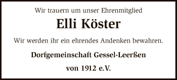 Traueranzeige von Elli Köster von SYK