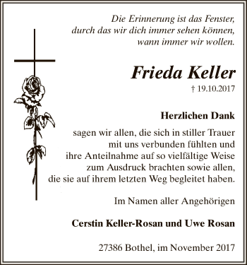 Traueranzeige von Frieda Keller von SYK