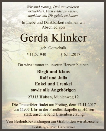 Traueranzeige von Gerda Klinker von SYK