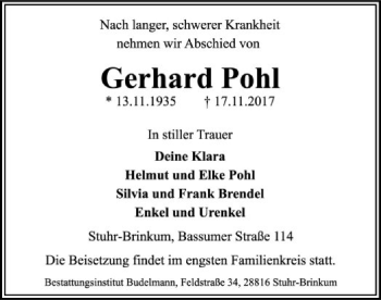 Traueranzeige von Gerhard Pohl von SYK