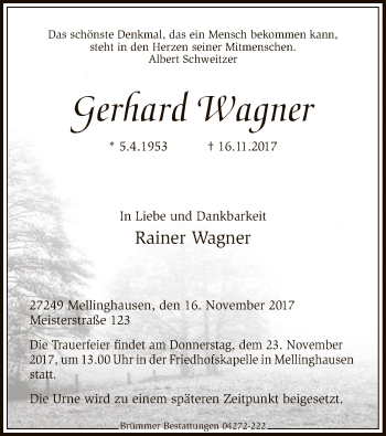 Traueranzeige von Gerhard Wagner von SYK