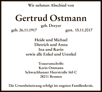 Traueranzeige von Gertrud Ostmann von SYK