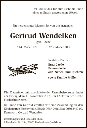 Traueranzeige von Gertrud Wendelken von SYK